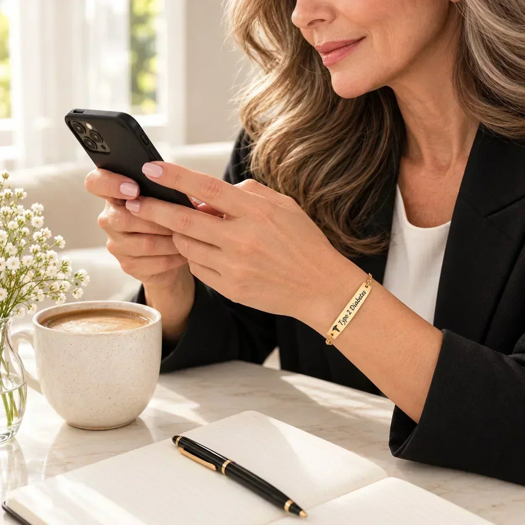 Woman at a table with coffee and a notebook, wearing a gold medical ID bar bracelet engraved Type 2 Diabetes