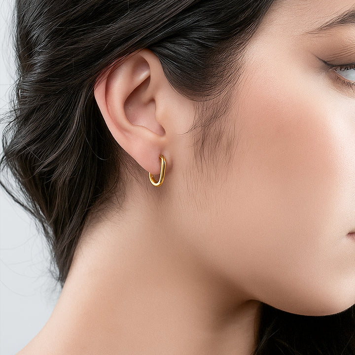 Gold Rectangular Huggie Hoop Earrings – 13mm Minimalist Everyday Hoops- S156