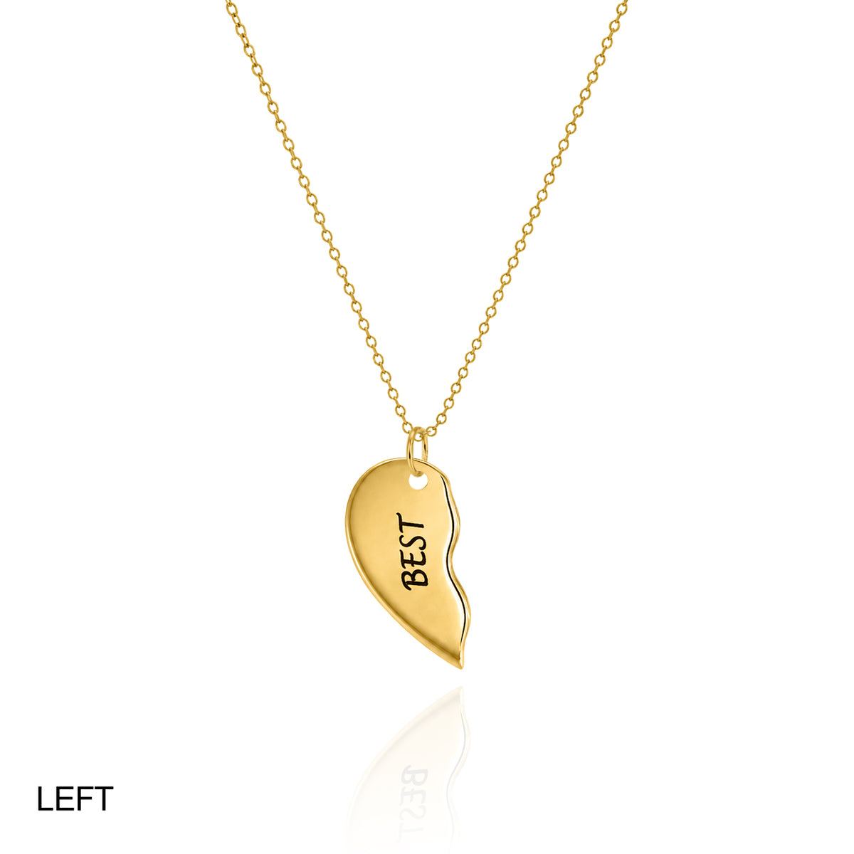 Gold-tone left half of a split heart necklace engraved BEST on a white background
