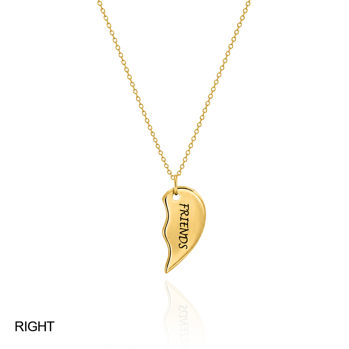 Gold-tone right half of a split heart necklace engraved FRIENDS on a white background