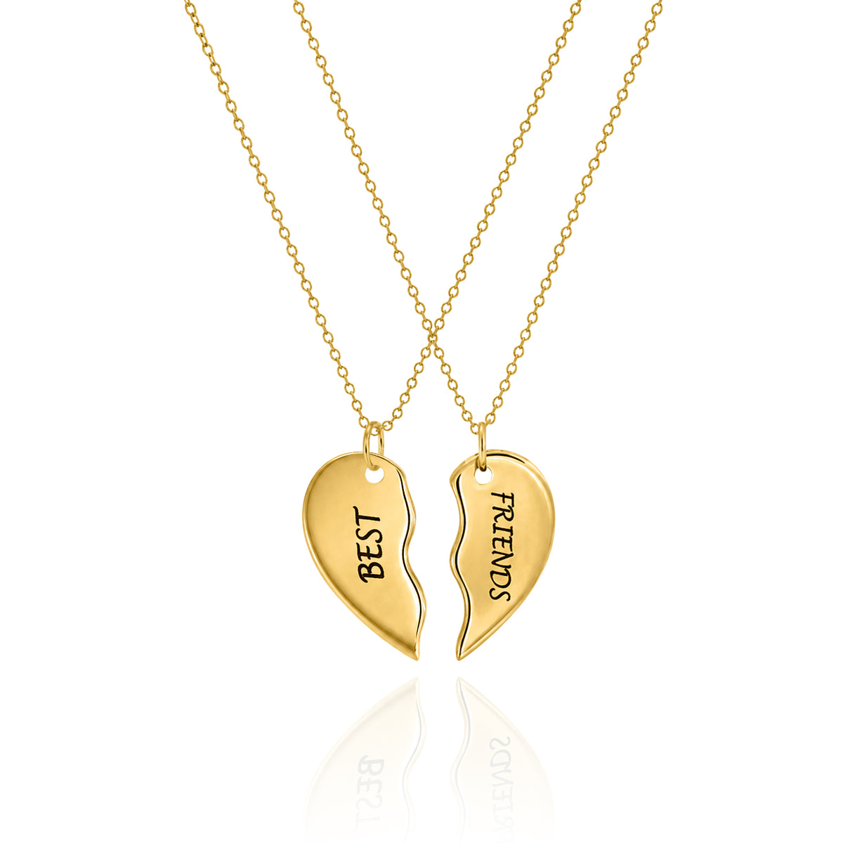 Gold-tone split heart necklaces engraved BEST and FRIENDS on a white background