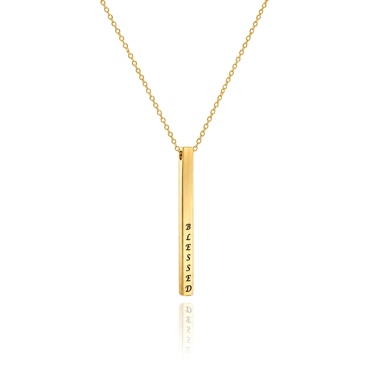 Gold-tone vertical bar necklace engraved BLESSED on a white background