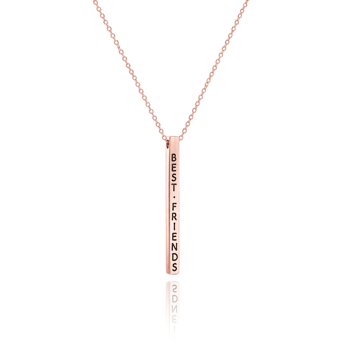 Rose-gold-tone vertical bar necklace engraved BEST FRIENDS on a white background
