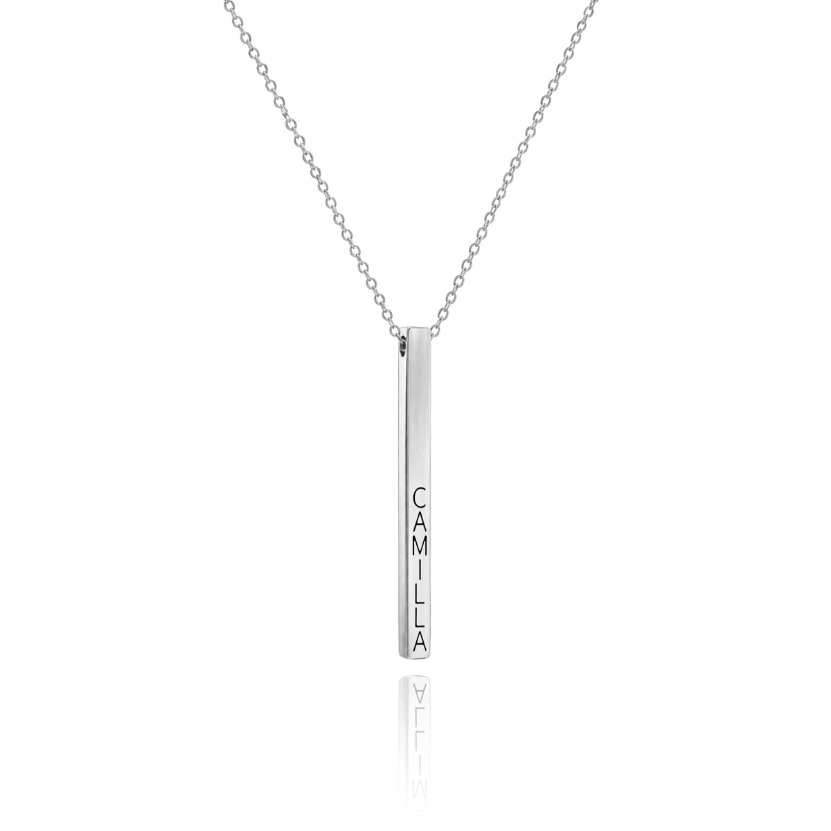 Silver-tone vertical bar necklace engraved CAMILLA on a white background