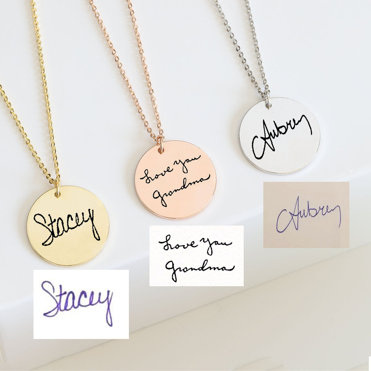 Gold-, rose-gold-, and silver-tone round handwriting necklaces displayed with matching handwritten samples