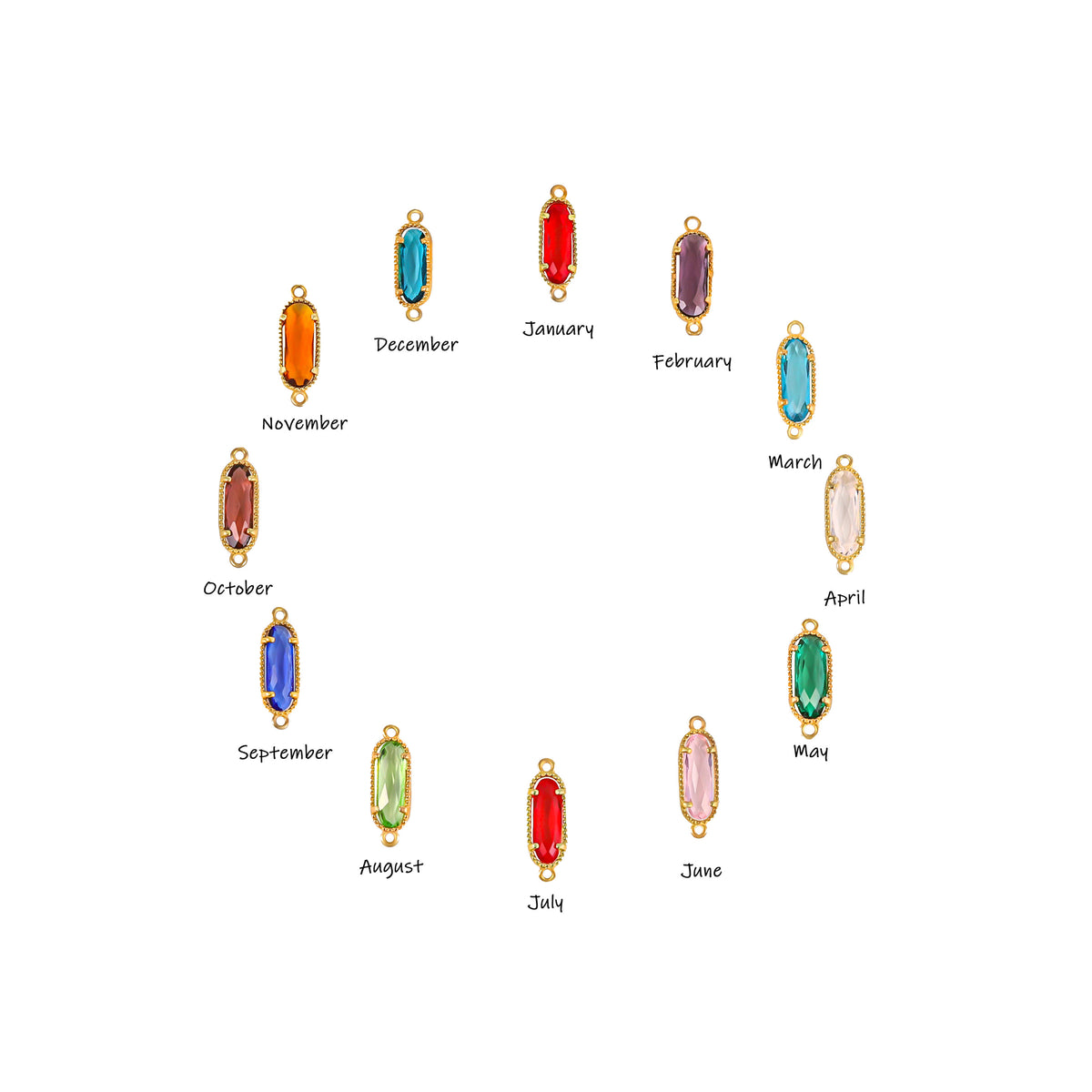Chart showing elongated rectangular colored stone options labeled January through December