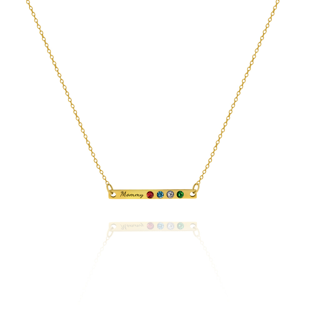 A personalized engraved bar necklace with multiple colored birthstones set within the bar, on a gold-tone chain.