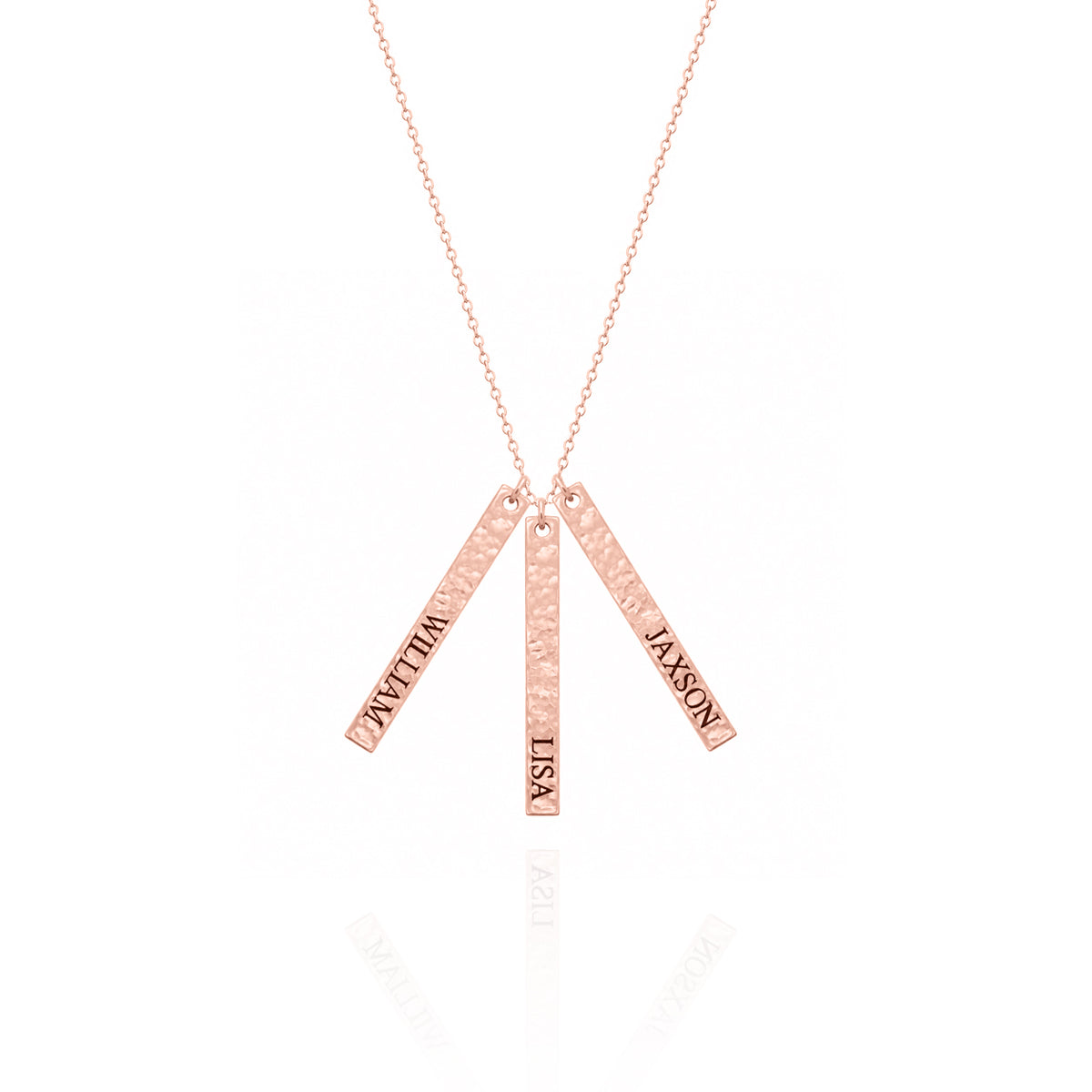 Rose-gold-tone hammered bar necklace with three engraved name pendants on a white background
