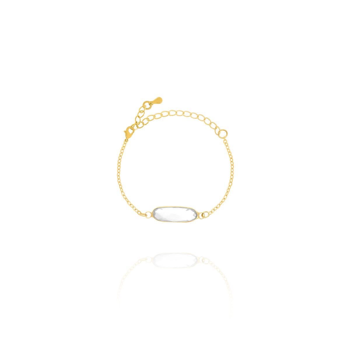 Bracelet with clear rectangular stone and adjustable chain on white background