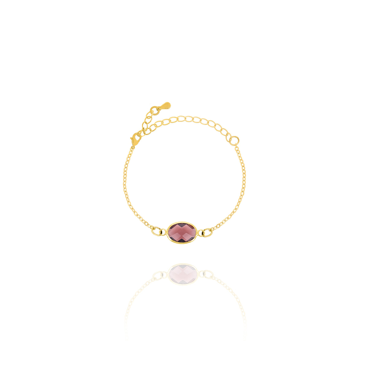 Gold-tone bracelet with mauve faceted oval stone and adjustable chain on white background