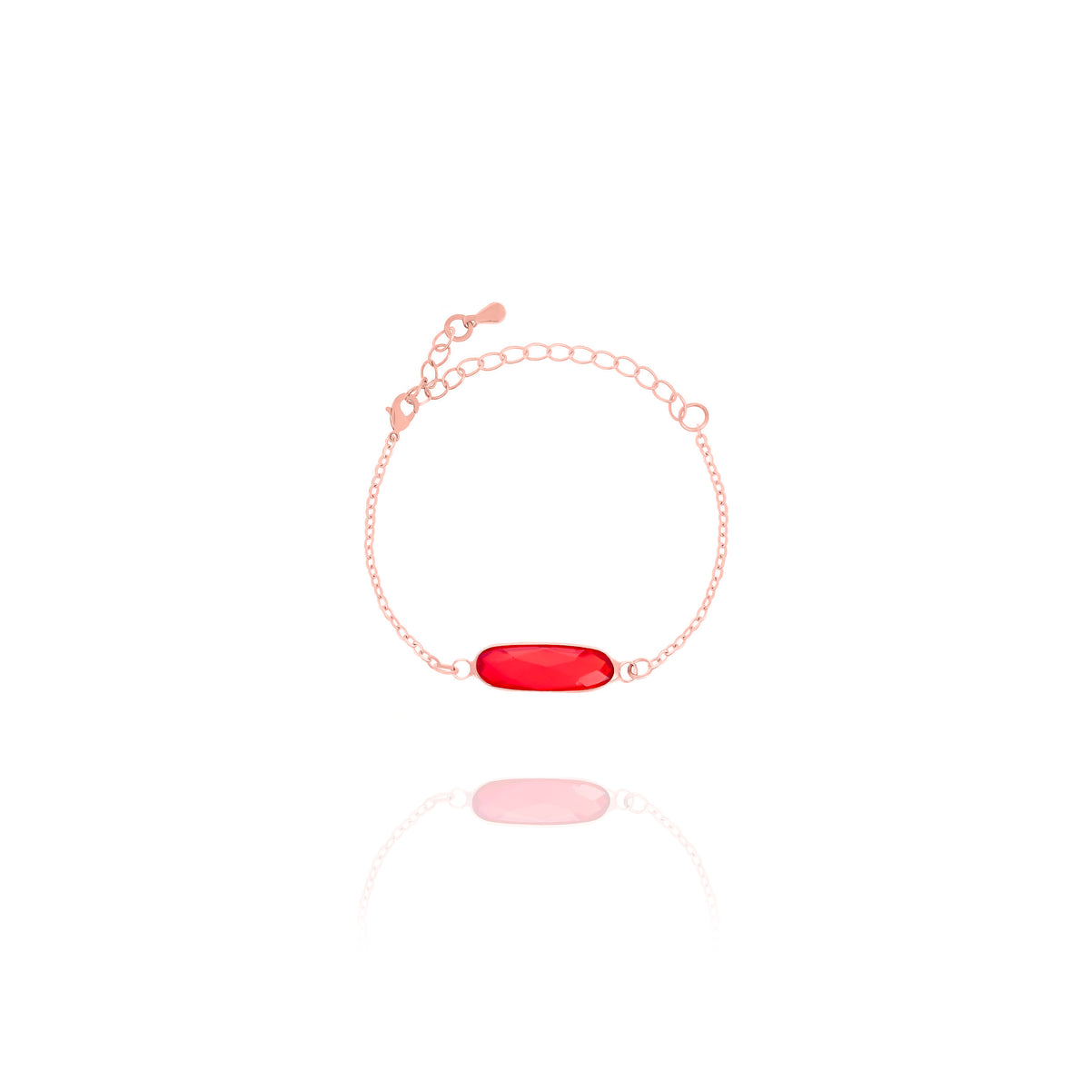 Front view of bracelet with red rectangular stone and adjustable chain on white background