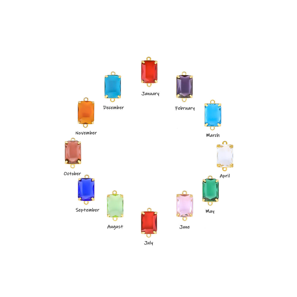 Rectangular birthstone color chart showing one pendant for each month from January through December