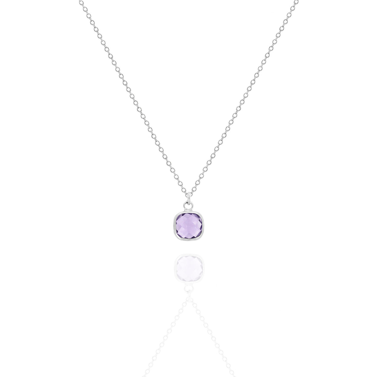 Silver-tone necklace with a light purple faceted round pendant on a white background