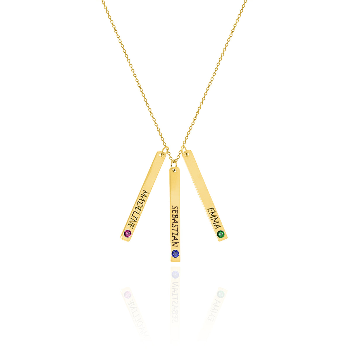 Gold-tone necklace with three engraved bar pendants reading MADELINE, SEBASTIAN, and ANNA with colored stones