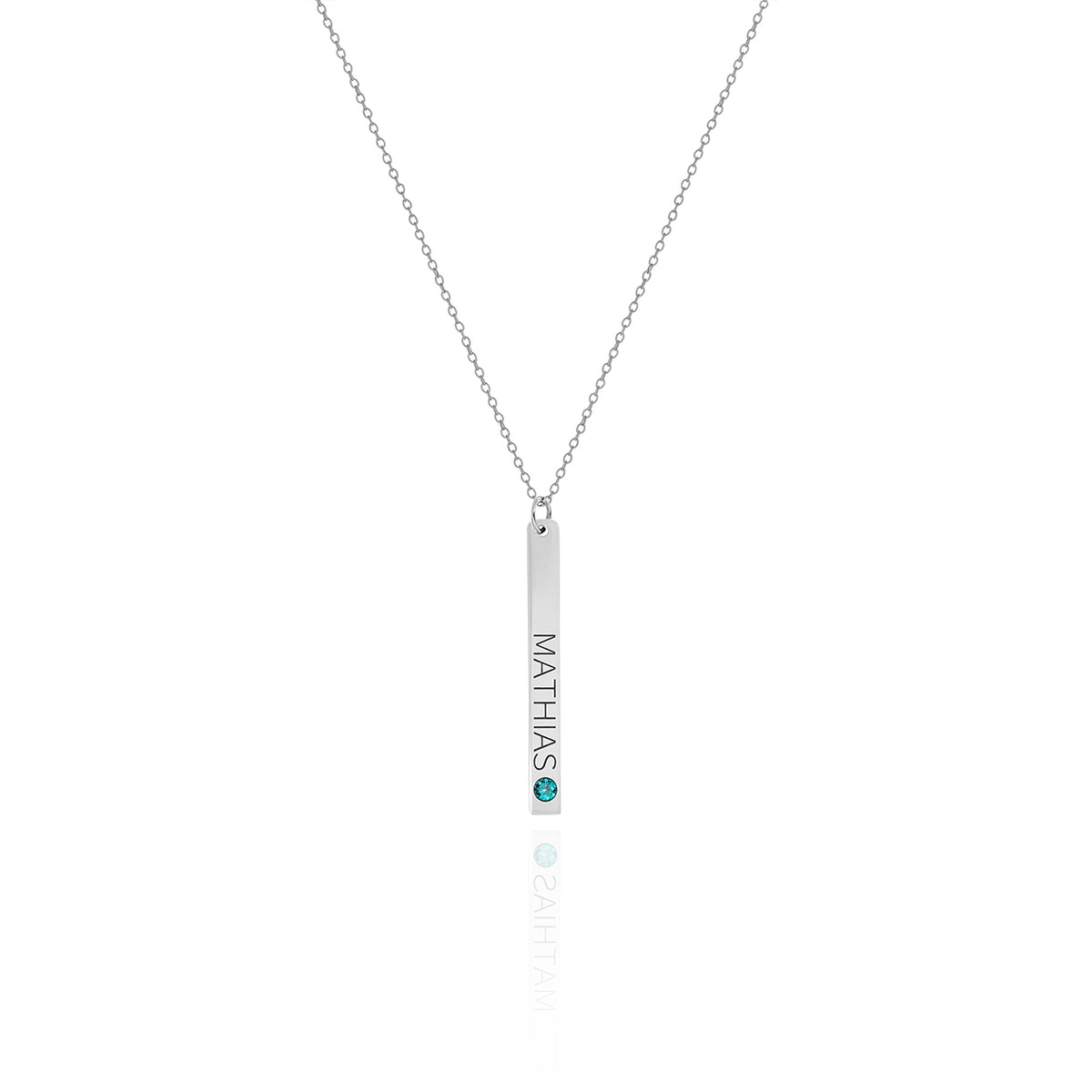 Silver-tone vertical bar pendant necklace engraved MATHIAS with a small blue stone on a white background