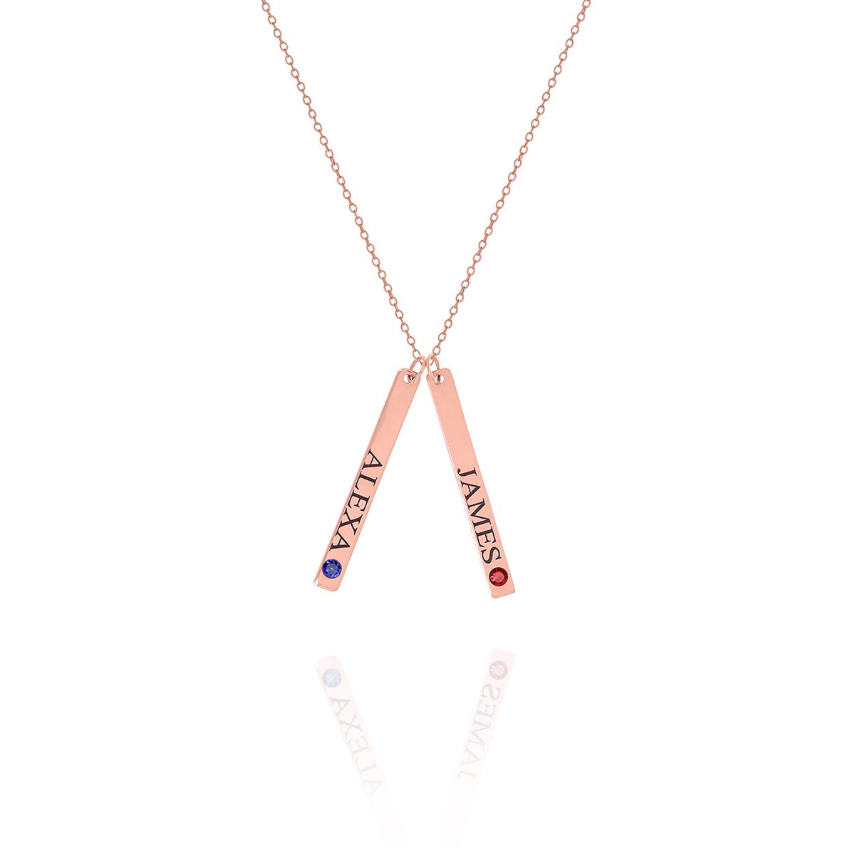 Rose-gold-tone necklace with two engraved bar pendants reading ALEYA and JAMES with blue and red stones