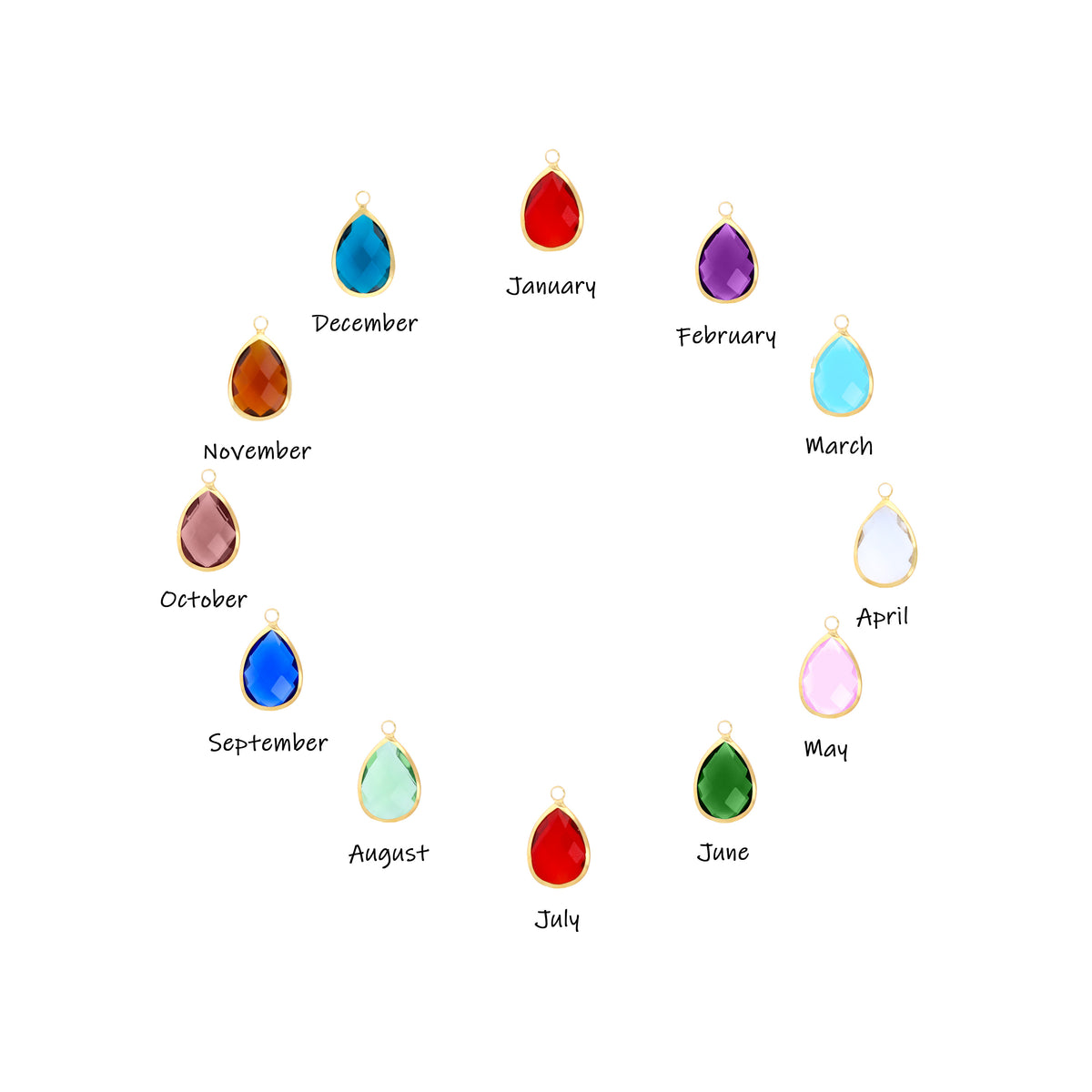 Teardrop birthstone color chart showing one pendant for each month from January through December