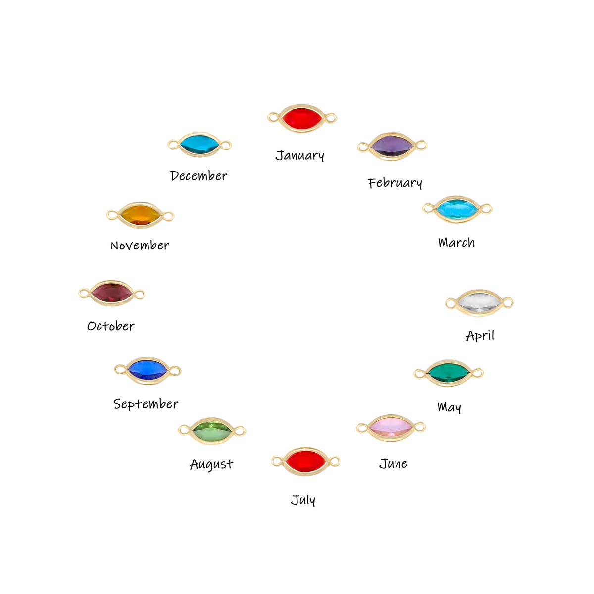 Chart showing marquise-shaped colored stone options labeled January through December