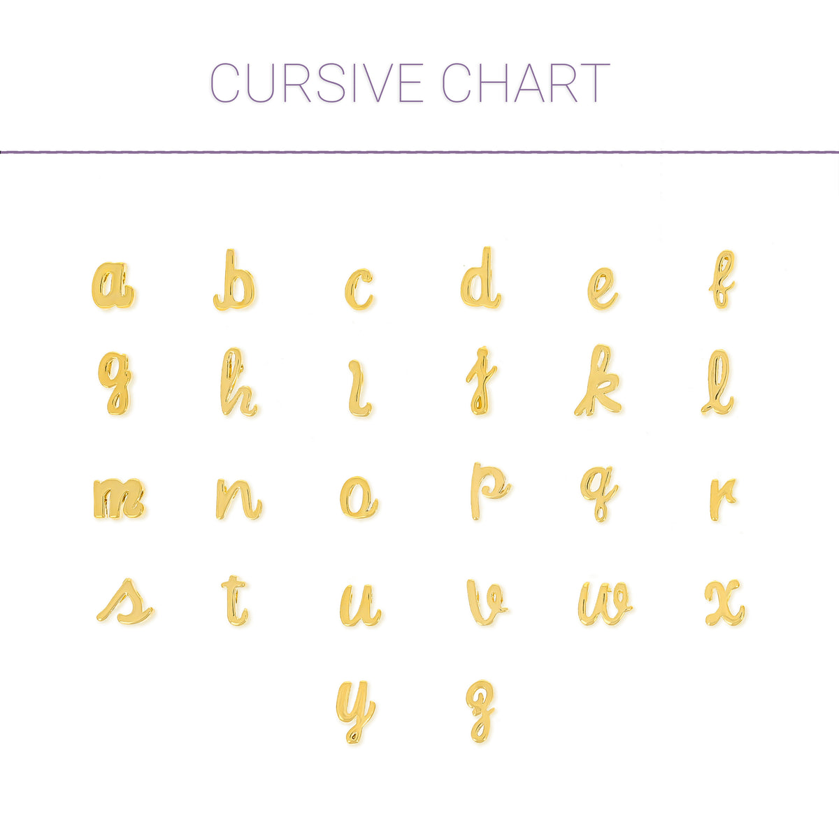 Cursive initial chart showing lowercase letters a through z in gold on a white background