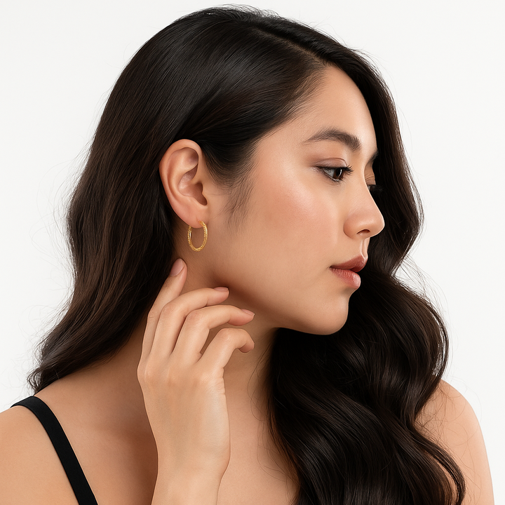 Textured Gold Hoop Earrings – 16mm Everyday Minimalist Hoops- S160