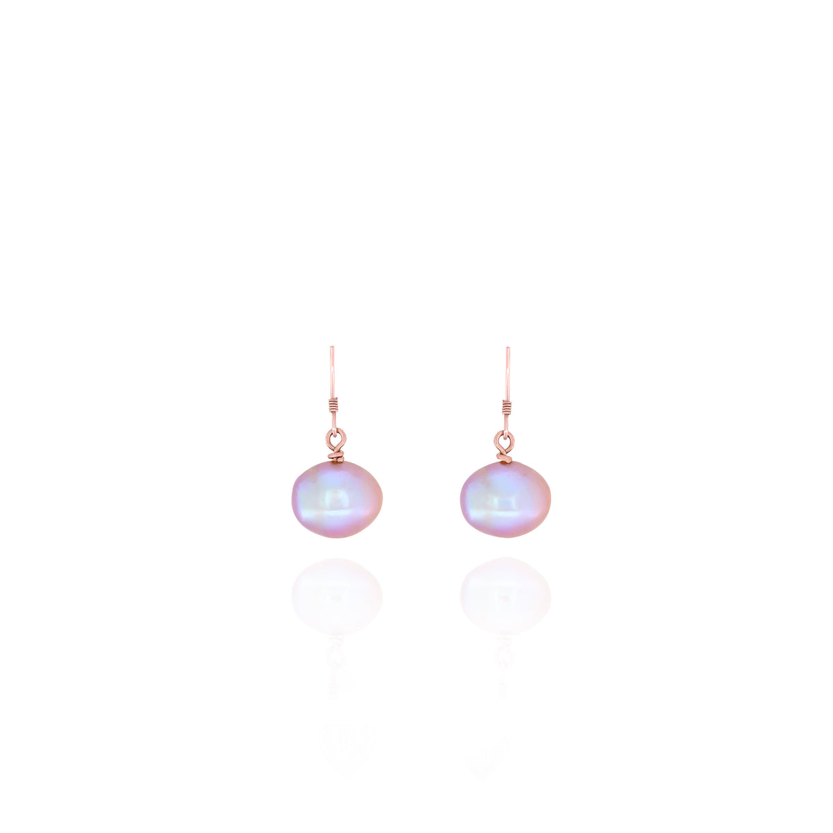 Matching rose-gold-tone dangle earrings with iridescent lavender-pink rounded drops on a white background