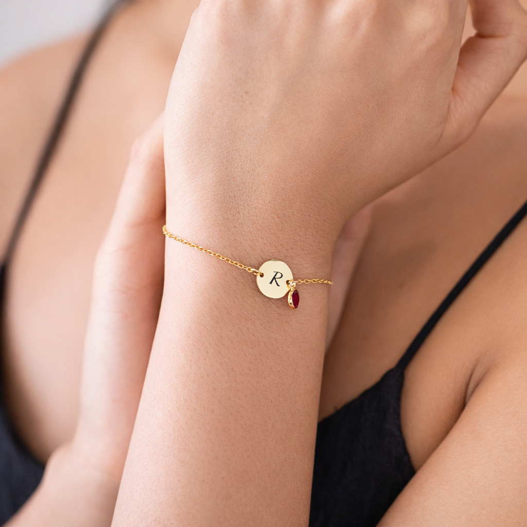 Personalized Birthstone Initial Bracelet – Round Stone Drop Disc Charm