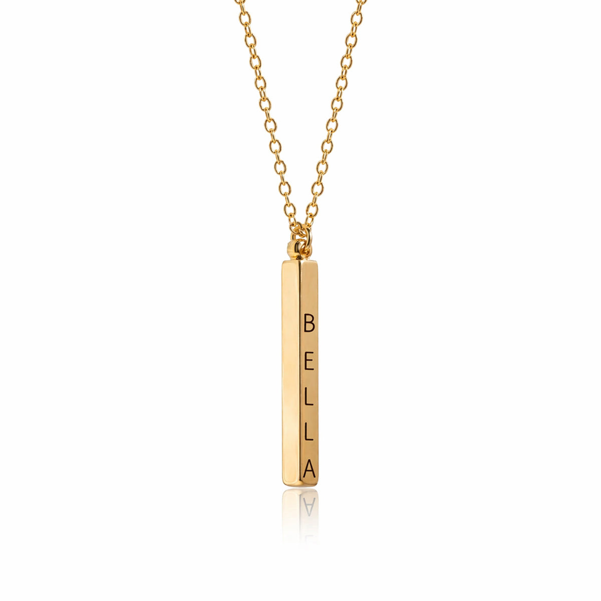 Gold-tone vertical bar pendant necklace engraved BELLA on a white background
