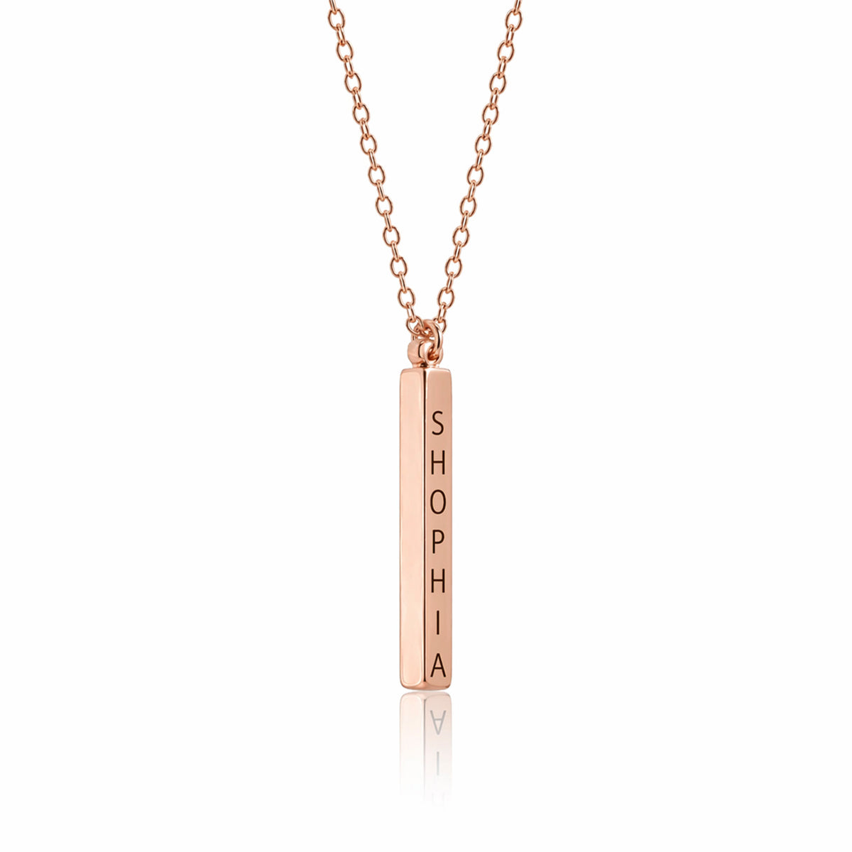 Rose-gold-tone vertical bar pendant necklace engraved SHOPHIA on a white background