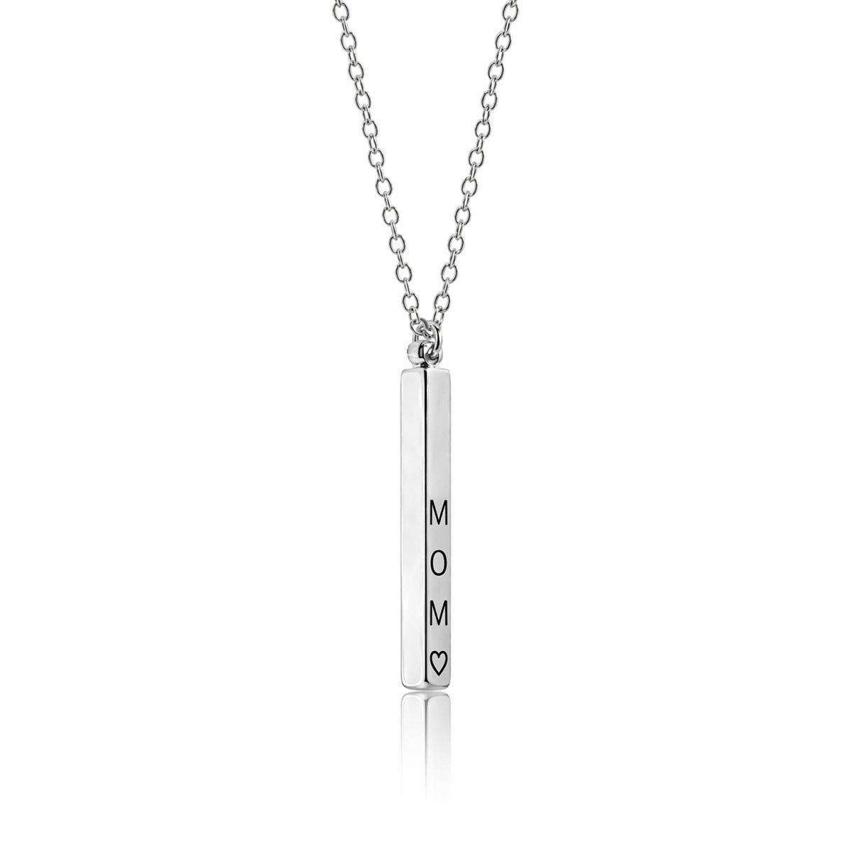 Silver-tone vertical bar pendant necklace engraved MOM with a heart on a white background