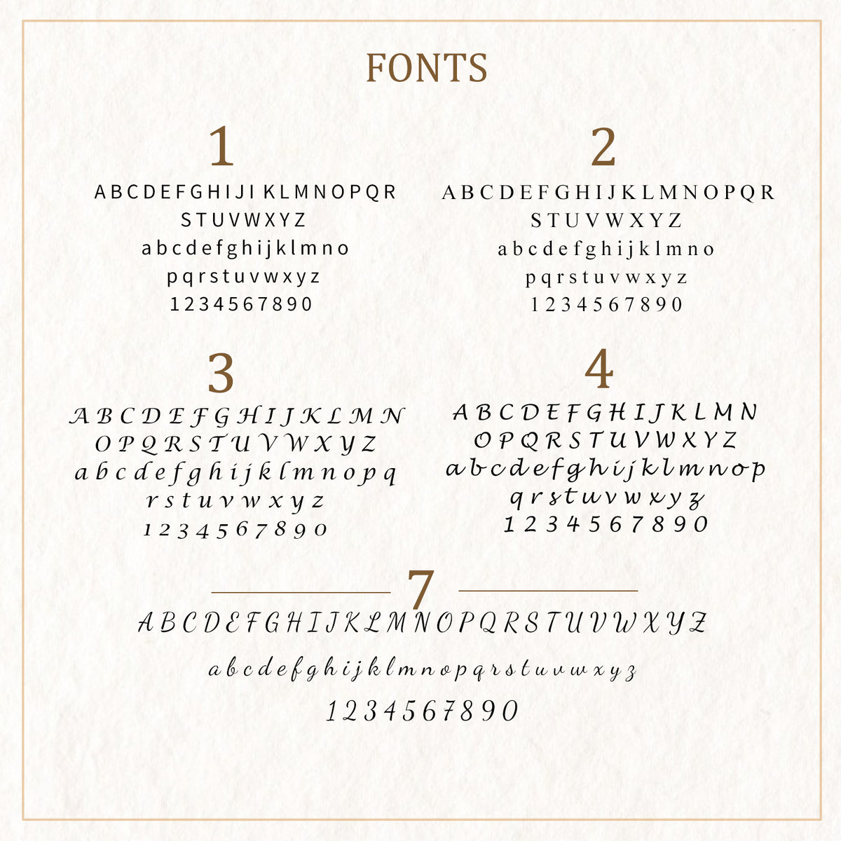 Font chart showing five lettering styles with uppercase, lowercase, and numbers on a beige background