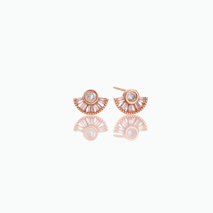 Rose gold earrings with a central gemstone on a white background