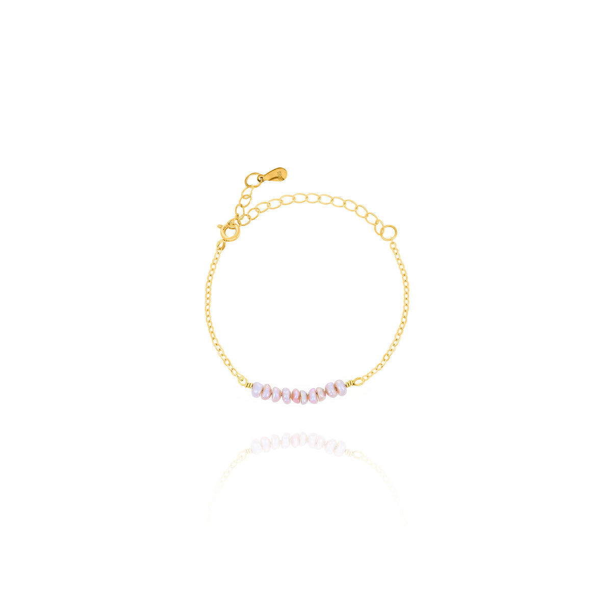 Gold-tone chain bracelet with a row of pale lavender oval beads on a white background