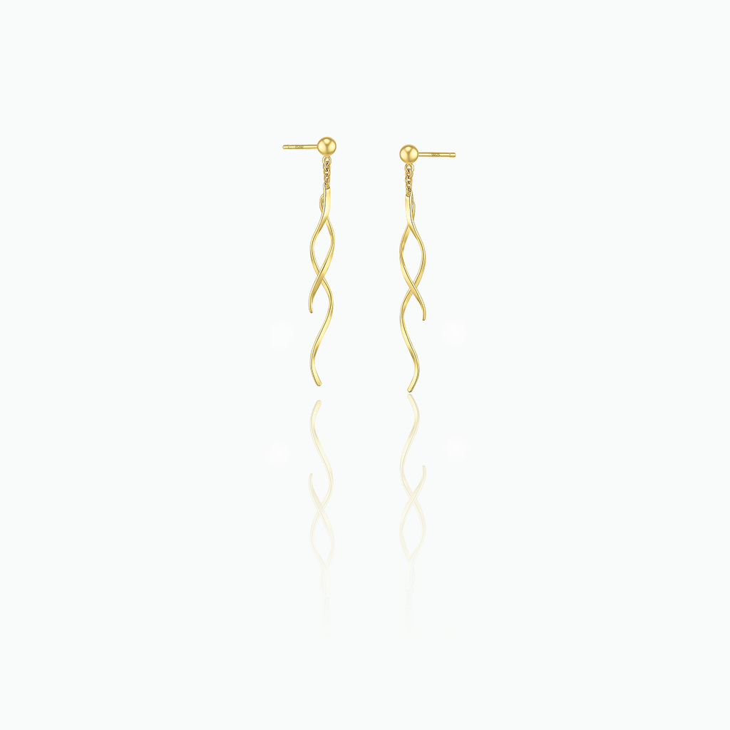 Gold earrings with wavy design on a white background