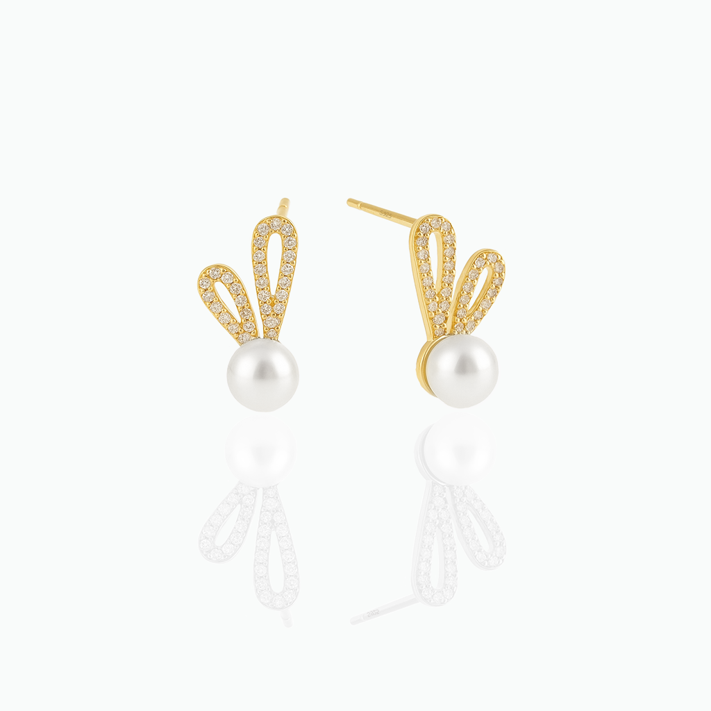 Sterling Silver Bunny Pearl Stud Earrings with CZ