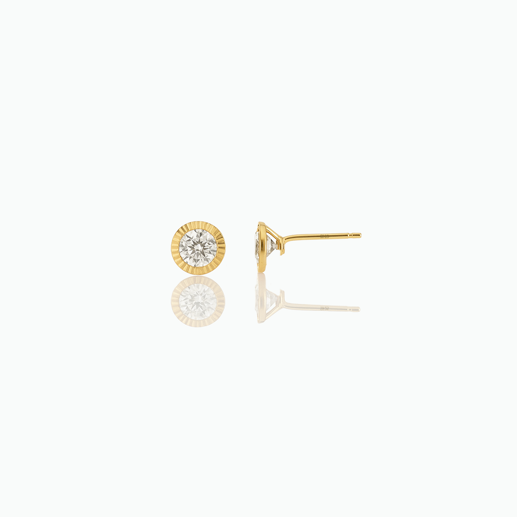Gold-tone round stud earrings with clear center stones on a white background
