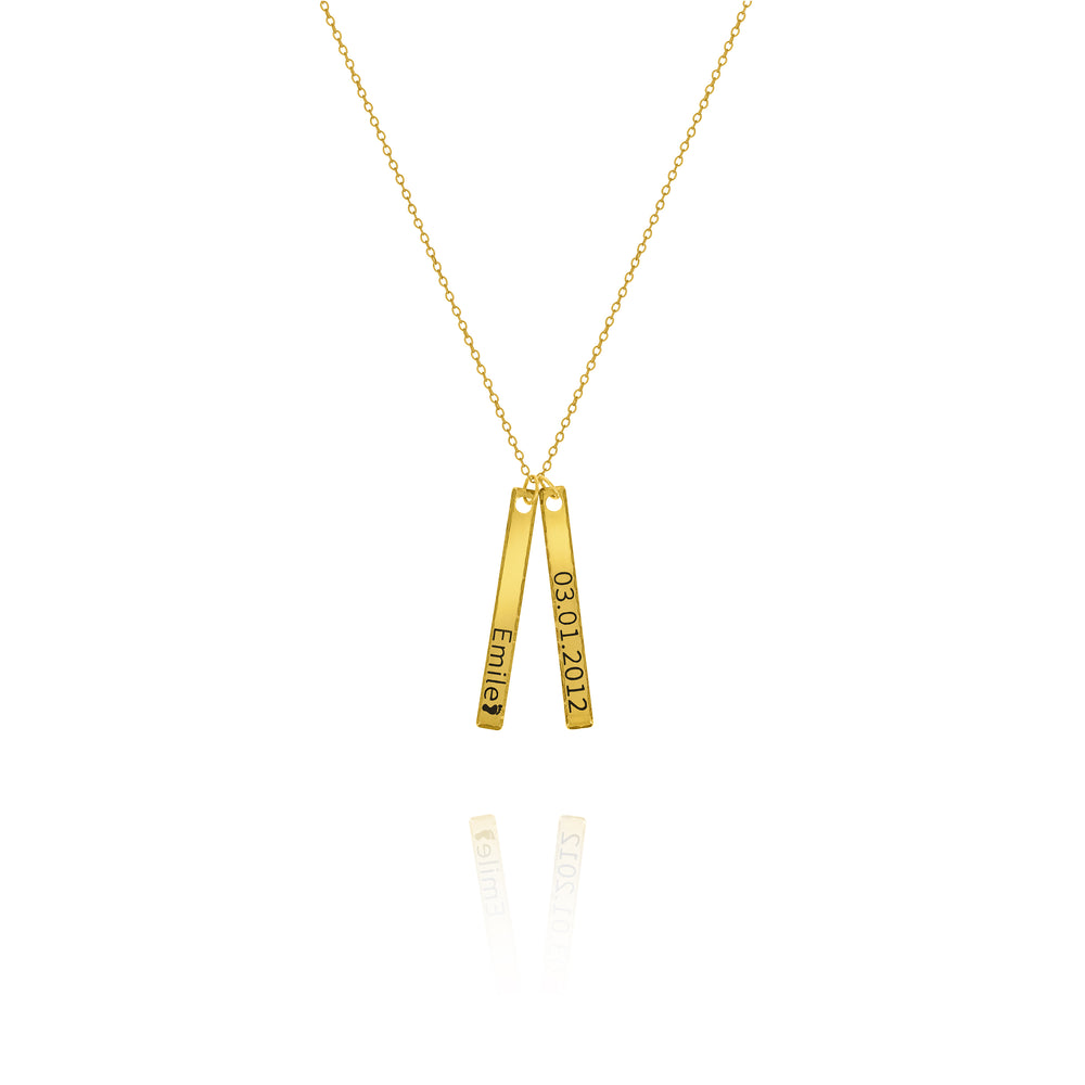 A personalized hammered bar necklace with the words engraved on each bar, suspended on a gold chain against a white background.