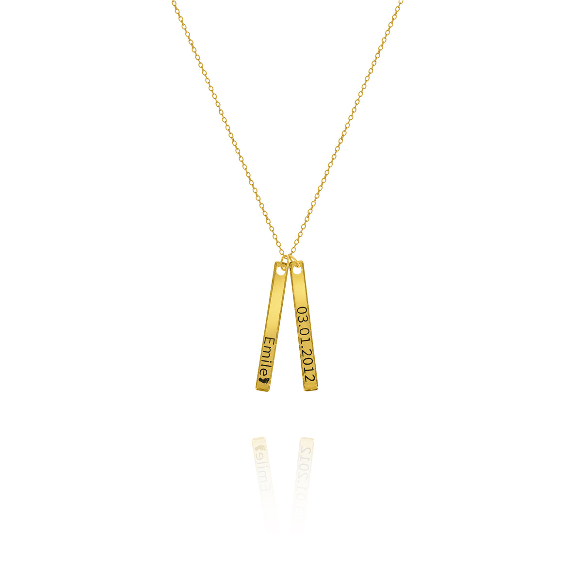 A personalized hammered bar necklace with the words engraved on each bar, suspended on a gold chain against a white background.