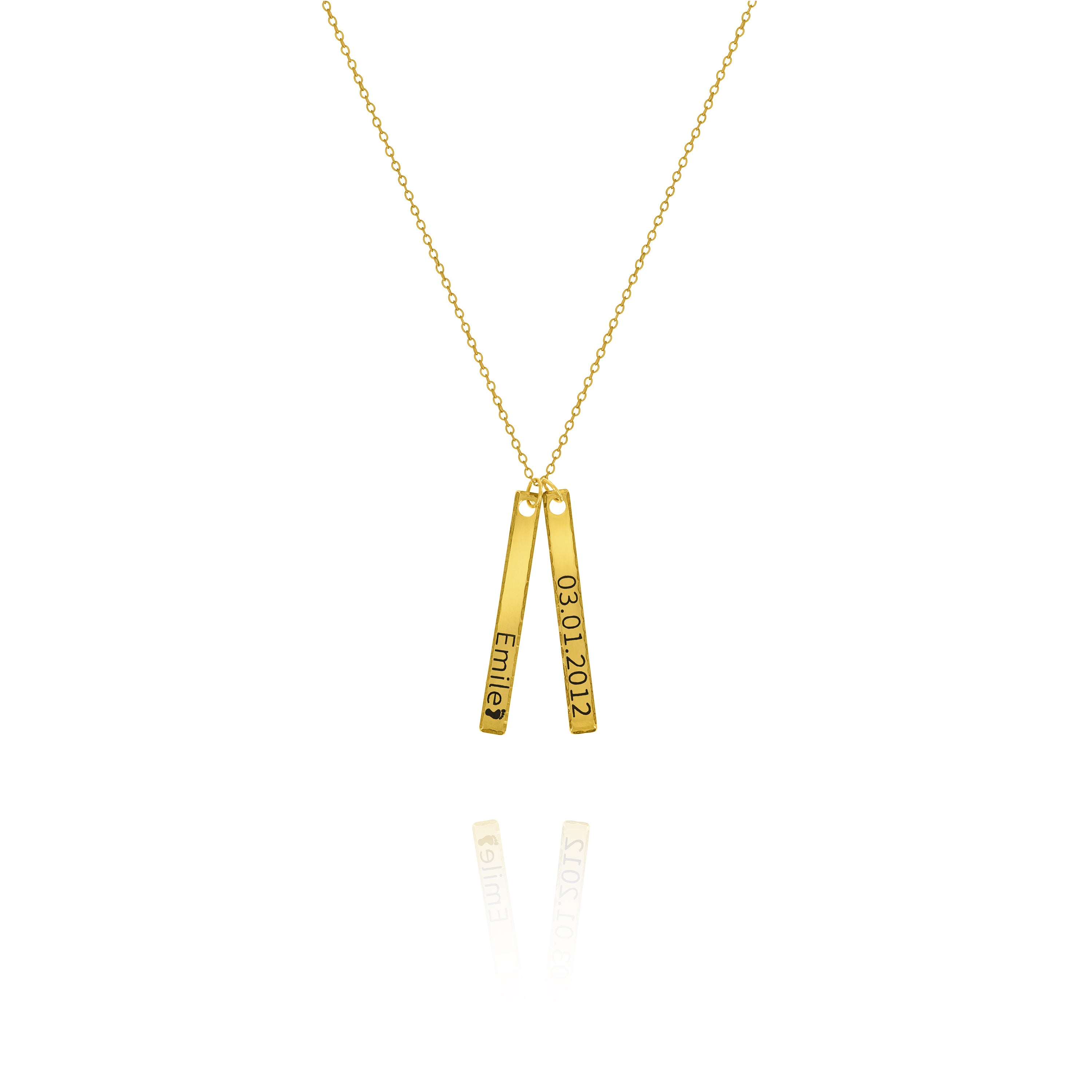 A personalized hammered bar necklace with the words engraved on each bar, suspended on a gold chain against a white background.