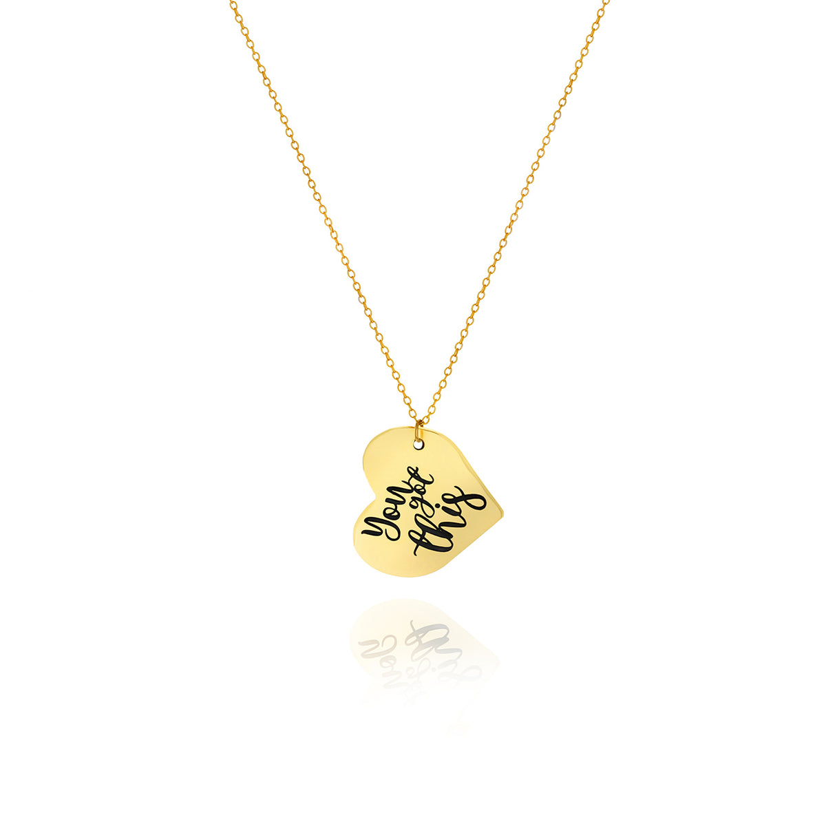Gold-tone heart pendant necklace with handwritten engraving on a white background
