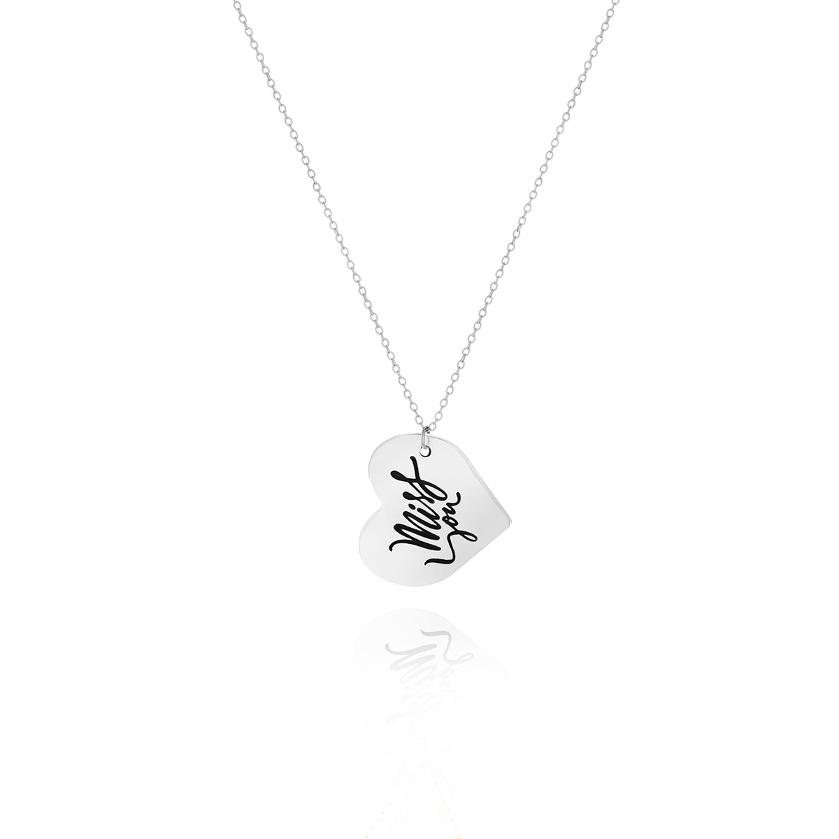 Silver-tone heart pendant necklace with handwritten engraving on a white background
