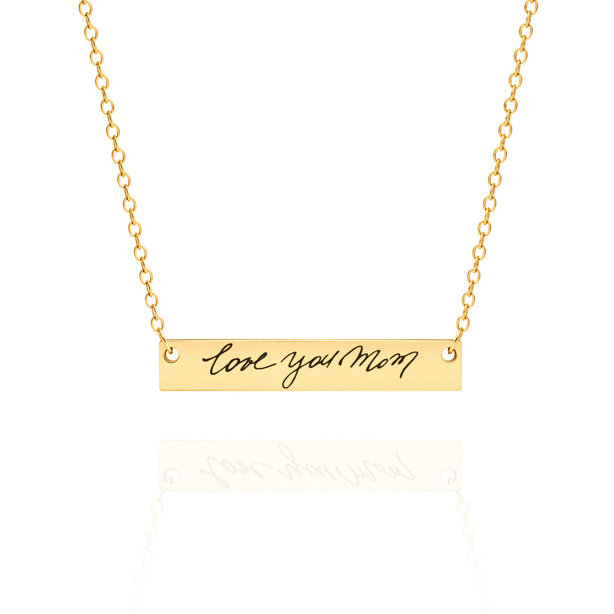 Gold necklace with 'love you Mom' pendant on a white background