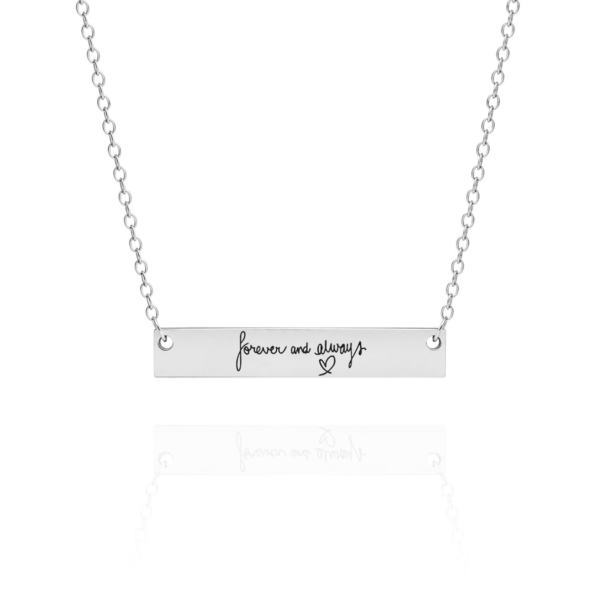 Silver necklace with 'forever and always' bar pendant on a white background