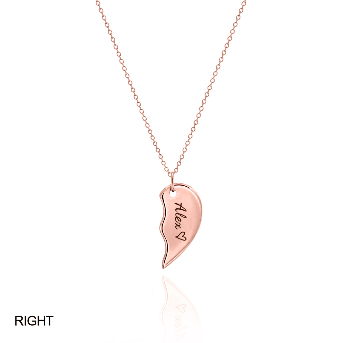 Rose-gold-tone right half of a split heart necklace engraved Alex with a heart on a white background