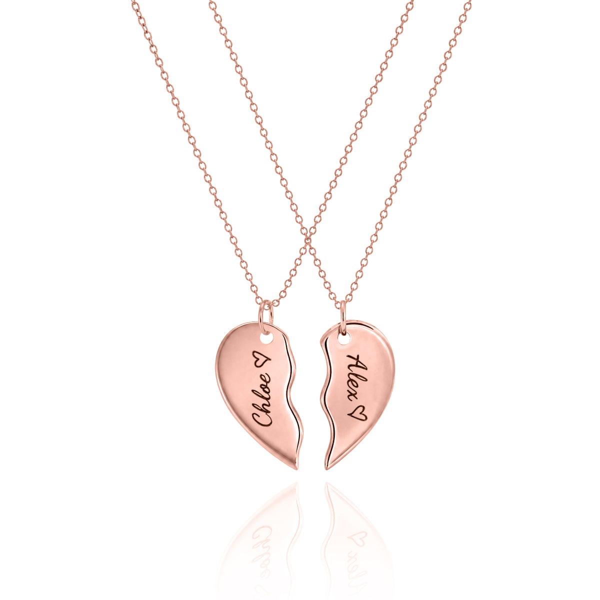 Rose-gold-tone split heart necklaces engraved Chloe and Alex with hearts on a white background