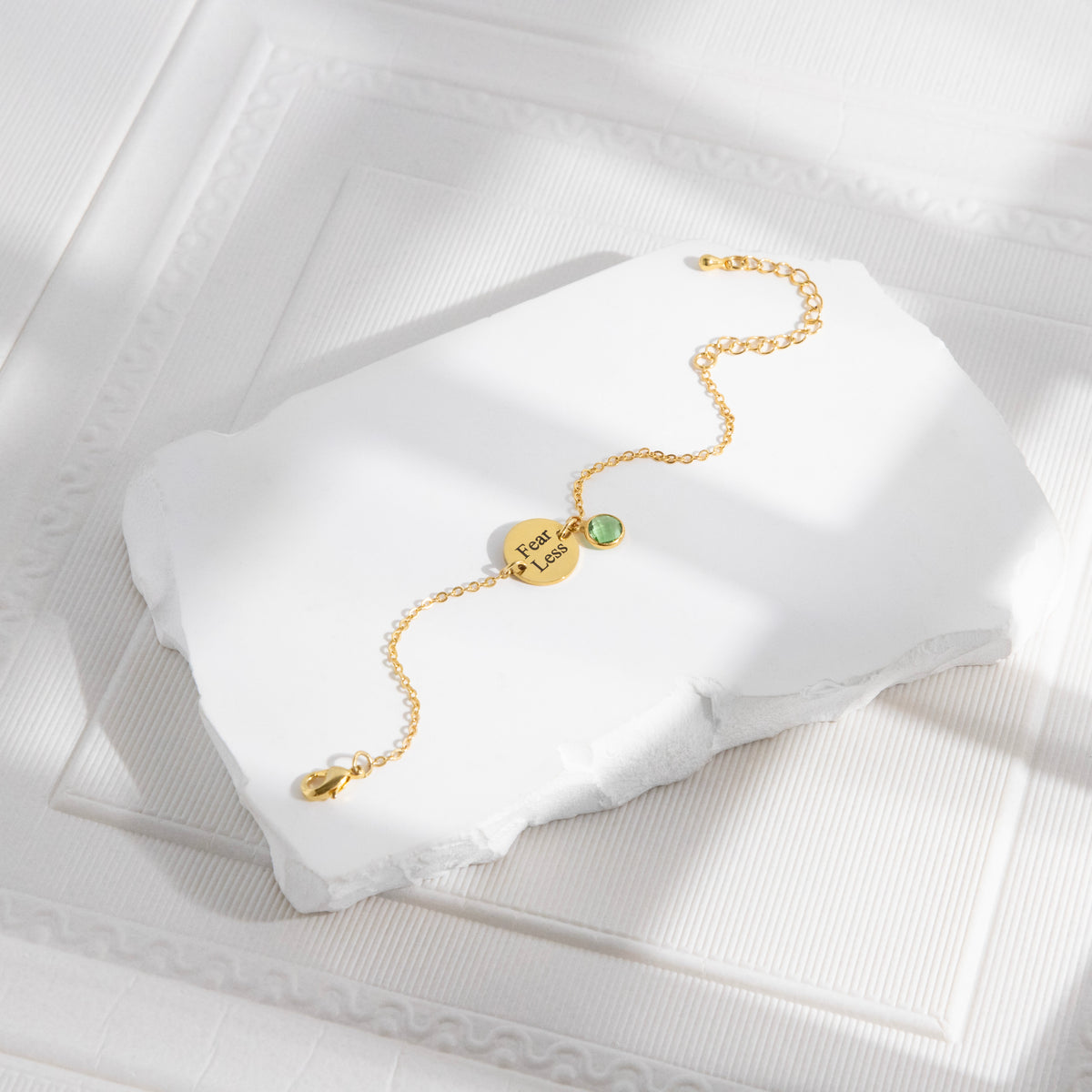 Personalized Birthstone Initial Bracelet – Round Stone Drop Disc Charm