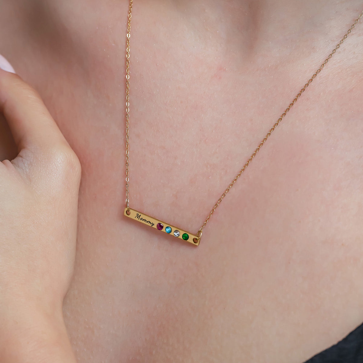 Personalized Engraved Bar Necklace with Birthstones
