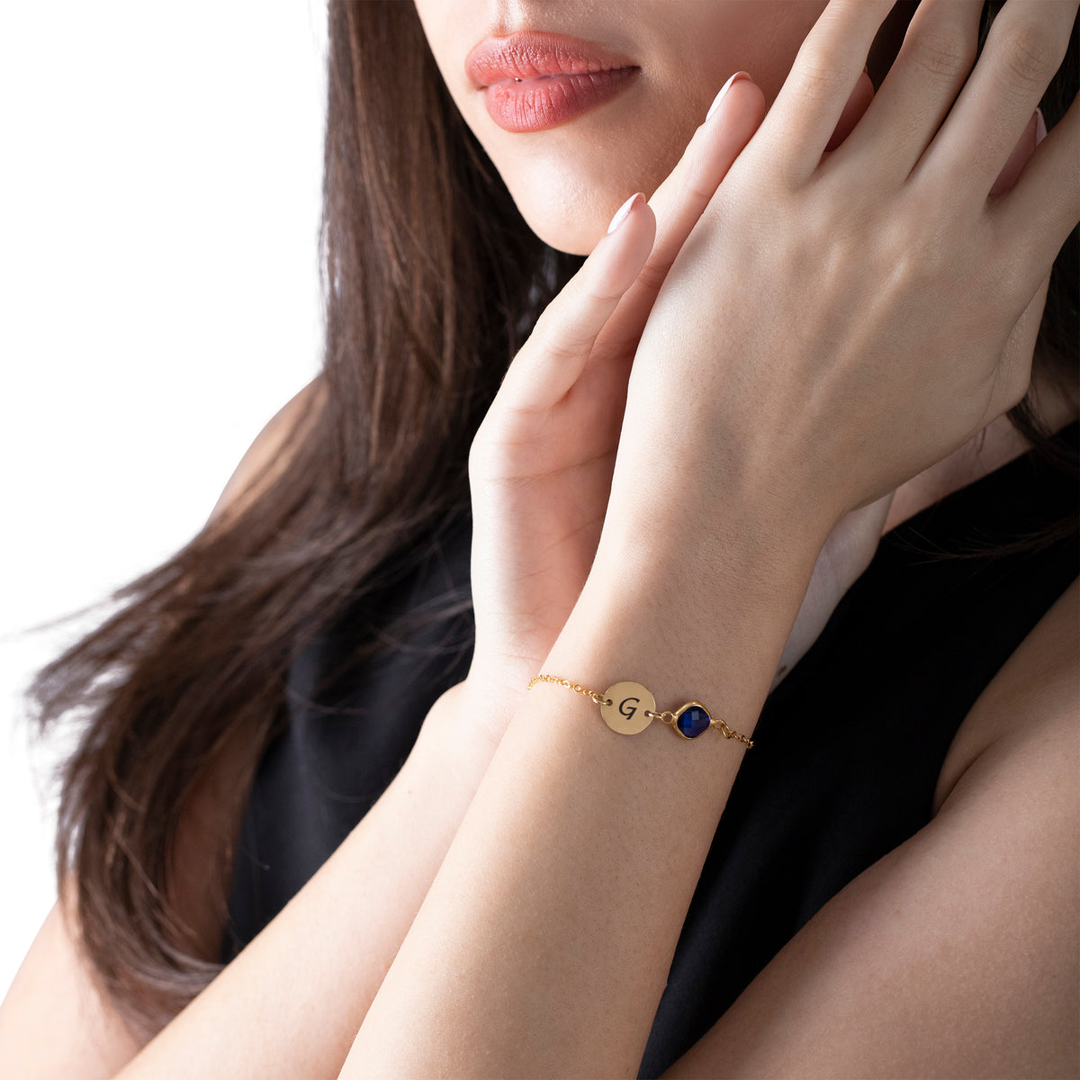 Personalized Birthstone Initial Bracelet – Dainty Disc Charm