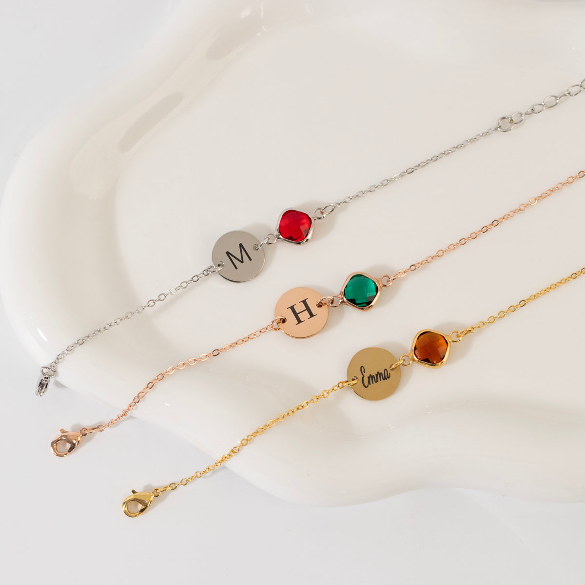 Personalized Birthstone Initial Bracelet – Dainty Disc Charm