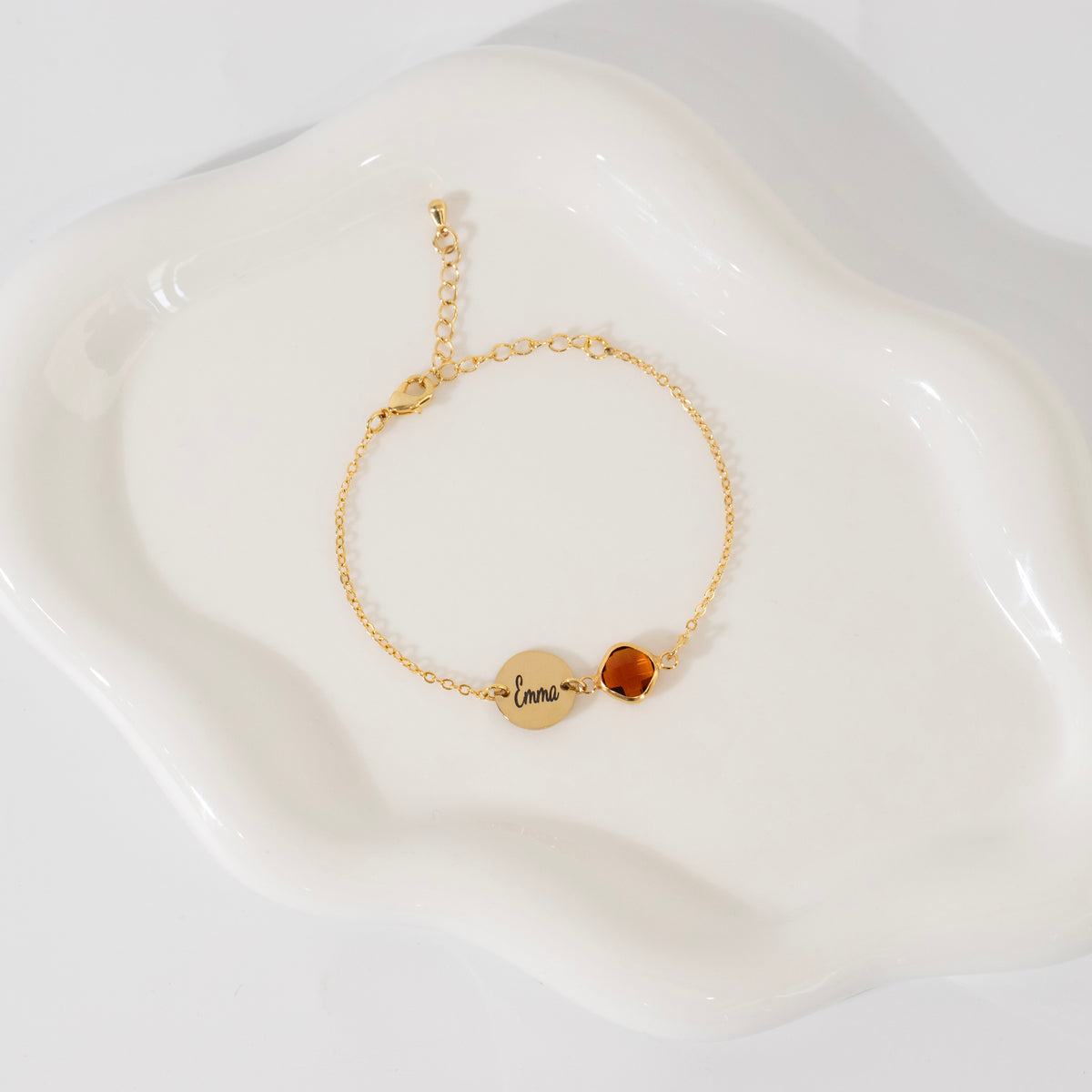 Personalized Birthstone Initial Bracelet – Dainty Disc Charm