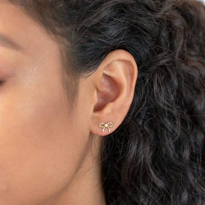 Dainty Bow Earrings – Sterling Silver Studs with CZ Diamonds, Coquette-Inspired Gift for Her- S104